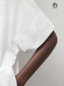 BizChic 女士春夏款休閒純棉白色襯衫連衣裙，立領寬鬆版型前鈕