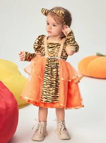 SHEIN 3pcs Girls Tiger Design Contrast Mesh Elegant Ruffled Dress With Tail, Princess Costume
