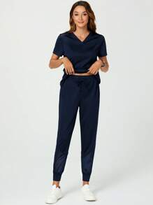 TaskEZ Women Solid Color Simple V-Neck Short Sleeve Top And Pants Scrub Uniform Set - Navy Blue - View 9