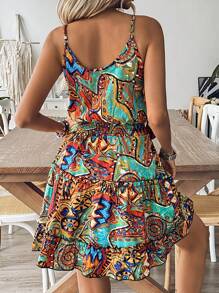 Breezaya Vintage V-Neck Printed Spaghetti Strap Dress With Gathered Waist For Vacation And Leisure Time - Multicolor - View 2