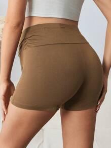 SHEIN 孕妇休闲纯色高腰修身棕色短裤夏季 - 棕色 - 查看 2