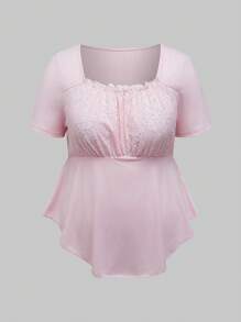 ROMWE Kawaii Plus Size Women's Solid Color Minimalist Daily Lace Trim Square Neck Short Sleeve T-Shirt