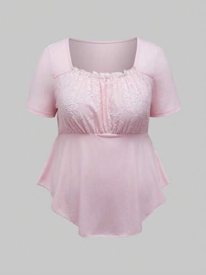 Kawaii Plus Size Women's Solid Color Minimalist Daily Lace Trim Square Neck Short Sleeve T-Shirt