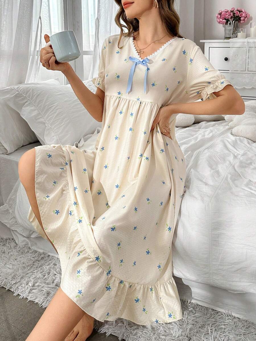 Women's Floral V-Neck Ruffle Splice Puff Sleeve Nightgown Babydoll Perfect Summer, Moo Moo Sleep Dress - Apricot - View 1