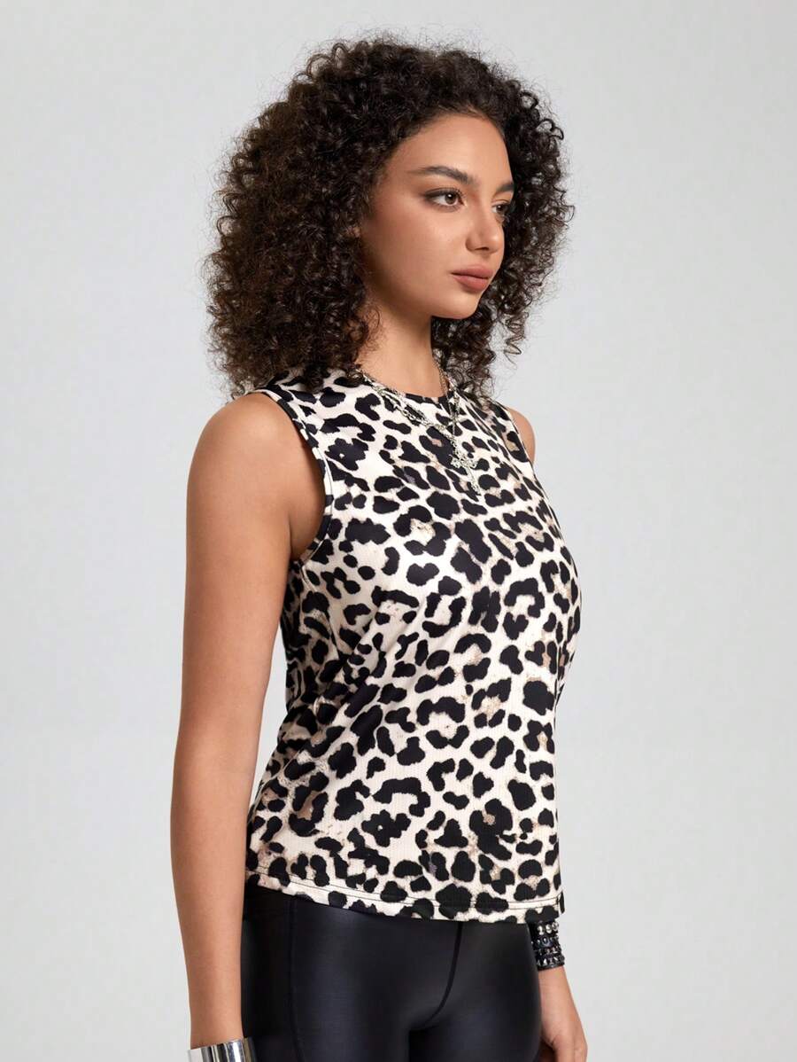 Gameset SHEIN Sport Áo ba lỗ tập luyện thông thường in họa tiết da báo cho nữ - màu đen - Xem 1