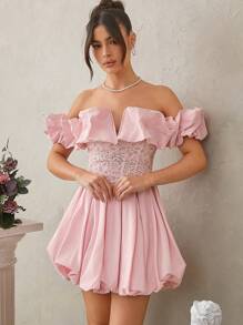 SHEIN Unity Off The Shoulder Dress With Lace Center And Bubble Hem - Dusty Pink - View 5