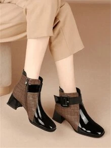 Women's Color Block Square Toe Fashion Ankle Boots, Autumn Winter Warm Comfortable Versatile Belt Buckle Chunky Heel Side Zip Patchwork Soft Leather  Boots