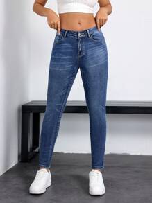 SHEIN EZwear 休闲破洞紧身低腰牛仔裤 - 中等水洗藍 - 查看 4