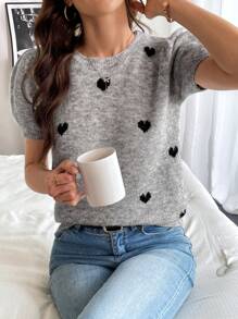 Pariaura 女士心形图案印花休闲圆领短袖针织上衣 - 灰色 - 查看 1