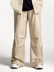 Manfinity VCAY 男士抽绳腰时尚休闲阔腿宽松梭织裤 - 卡其色 - 查看 3