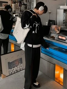 DAZY 男士圆领长袖五角星图案宽松舒适毛衣，秋季 - 黑色 - 查看 2
