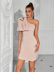 ADYCE One Shoulder Short Party Dress With Bowknot - Apricot - View 3