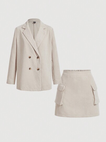 SHEIN MOD Apricot Workwear-Style Corduroy Skirt And Long-Sleeved Suit,Homecoming Set,Fall Women,Korean Fashion,Office Wear Women Set,Fall Clothing,Old Money