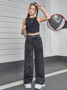 SHEIN Explorewe Teen Girl Y2K Casual Vintage Street Distressed Flared Jeans - Black - View 3