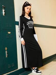 SHEIN Explorewe Teen Girls Contrast Color Printed Long Sleeve Dress - Black - View 3