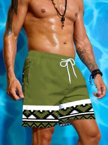 Manfinity Men's Geometric Print Drawstring Pocket Summer Beach Shorts - Army Green - View 4