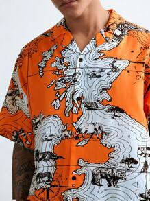 Manfinity VCAY Men's Casual Loose Fit All-Over Print Short Sleeve Woven Shirt,Halloween Shirts,Orange Shirts - Orange - View 4
