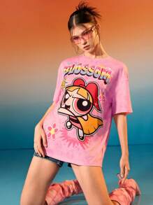 THE POWERPUFF GIRLS X SHEIN Camiseta holgada con estampado de letra de dibujos animados para mujer, rosa, de hombros caídos
