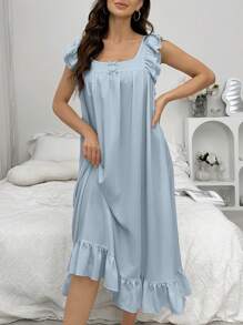 女士方领分层荷叶边下摆无袖宽松睡袍