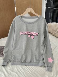 SHEIN Unity 女士撞色星形印花圆领长袖套头卫衣秋季卫衣 - 灰色 - 查看 4