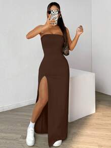 SHEIN EZwear Vestido elegante de diseño minimalista de color liso, sin tirantes y sin espalda con abertura para mujer