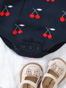 Baby Girl Simplistic Adorable Embroidered Brown Romper - Navy Blue - View 5