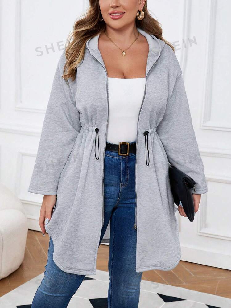 EMERY ROSE Plus Size Solid Color Drawstring Waist Long Sleeve Front Zipper Minimalist Hooded Fall Fleece Jacket Casual Daily Wear SHEIN