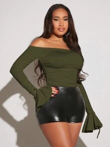 SHEIN SXY 女士露肩长款喇叭袖褶皱系带紧身衣 - 軍綠色 - 查看 3