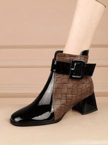 Women's Color Block Square Toe Fashion Ankle Boots, Autumn Winter Warm Comfortable Versatile Belt Buckle Chunky Heel Side Zip Patchwork Soft Leather  Boots