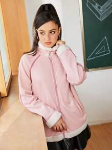 SHEIN Explorewe 少女优雅休闲百搭仿麂皮保暖内衬夹克 - 珊瑚粉 - 查看 4