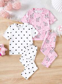 SHEIN Leap Crew Young Girls' Knitted Unicorn Pattern Top & Bottom And Love Pattern Top & Knitted Pants Snug Fit Homewear Set, 2pcs/Set - Pink - View 2
