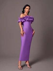 SHEIN Belle Elegant Purple Off Shoulder Exaggerated Ruffle Strapless High Waist Back Slit Slim Formal Evening Bandage Gowns Cocktail Semi Formal Prom Wedding Guest Dress, For Birthday, Graduation, Dinner, Homecoming - Purple - View 7