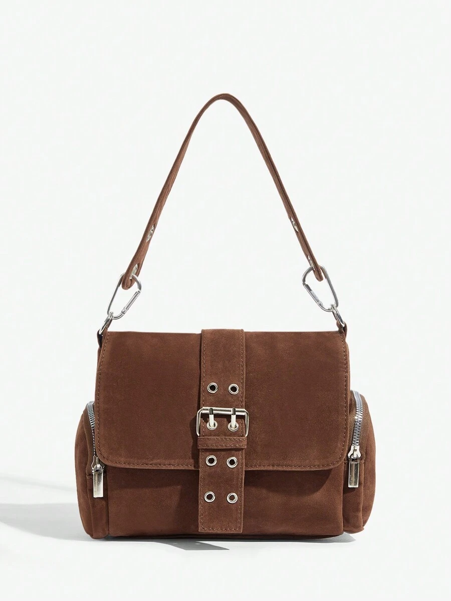 SHEIN ICON 女士、女士单肩包、流浪包、时尚、个性化、甜美酷炫、辣妹、Y2K、街头、复古、学院风、绒面革、最新时尚女士绒面革包 - 棕色 - 查看 1