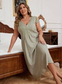 Plus Size Jacquard Ren Chắp vá Váy ngủ Deep V - màu xanh lá - Xem 4