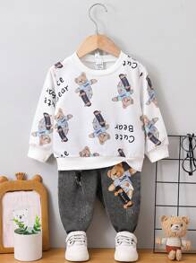 Bộ 2 quần jeans rách in họa tiết gấu hoạt hình cho bé trai/bé gái và áo dài tay thời trang, thích hợp mặc thường ngày, ngày lễ và hàng ngày - trắng - Xem 1