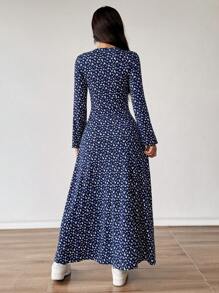 SHEIN Unity Đầm Maxi Chữ A Cổ Chữ V Họa Tiết Hoa Xanh Navy Cho Nữ Trang Phục Mùa Thu Vải Cho Nữ - Màu xanh hải quân - Xem 2