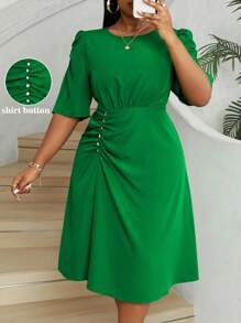 Maweii Plus Size Women V-Neck Bubble Short Sleeve Blouse & Ruffle Trim Green Dress Set - Green - View 1