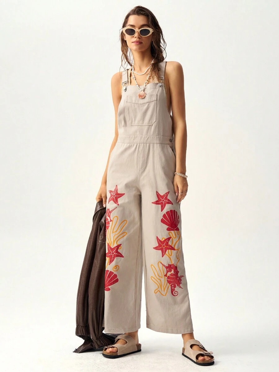 Bohemela Vacation Women Round Neck Sleeveless Loose Fashion Marine Life Print Jumpsuit - Beige - View 1