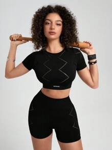 SHEIN Sports 女士纯色简约休闲短袖短裤运动套装健身女士套装 - 黑色 - 查看 2