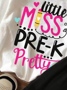 SHEIN Leap Crew 2pcs/Set Young Girl Casual Minimalist "Little Miss Pre-K Pretty" Print Round Neck Short Sleeve Top And Shorts Set, Cotton Blend, Suitable For Summer - Multicolor - View 4