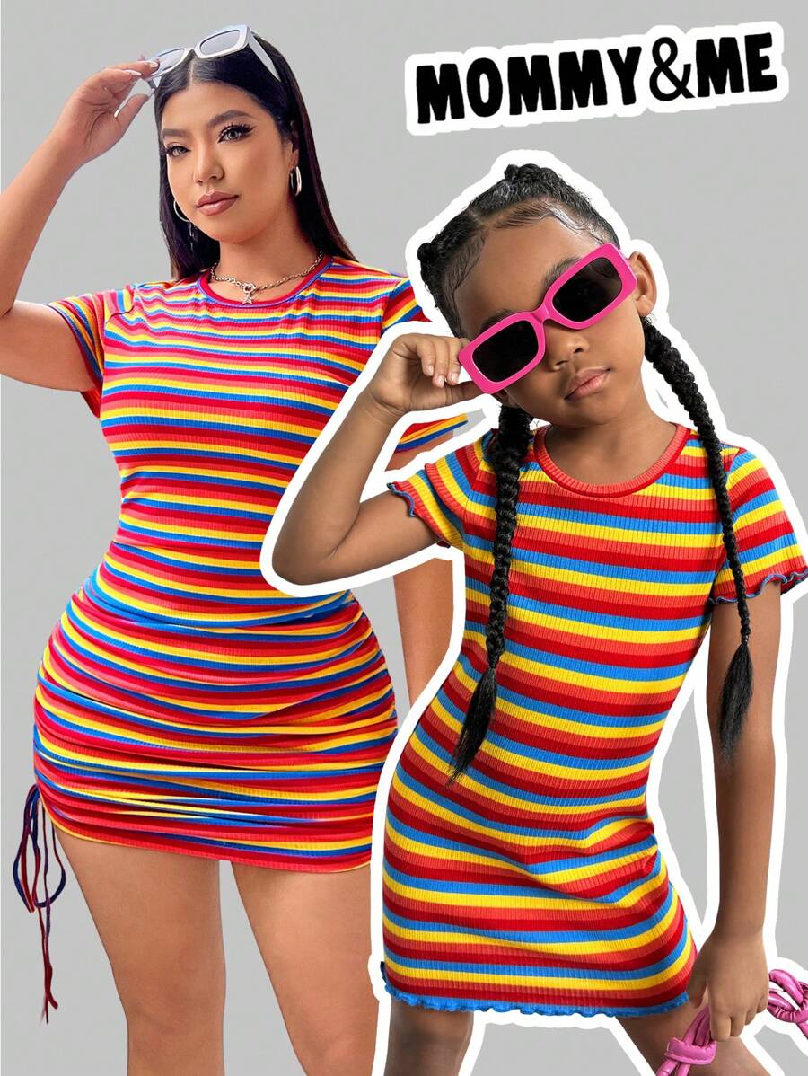 SHEIN Young Girl Knitted Crew Neck Rainbow Striped Casual Dress, Mommy & Me Clothes, Mom And Daughter Matching - Multicolor - View 1