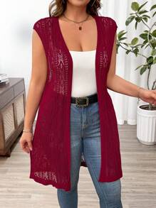 SHEIN Franclia Plus Size Nữ Đơn Giản Màu Trơn Không Tay Rỗng Áo Cardigan - Màu Đỏ Sâu - Xem 1