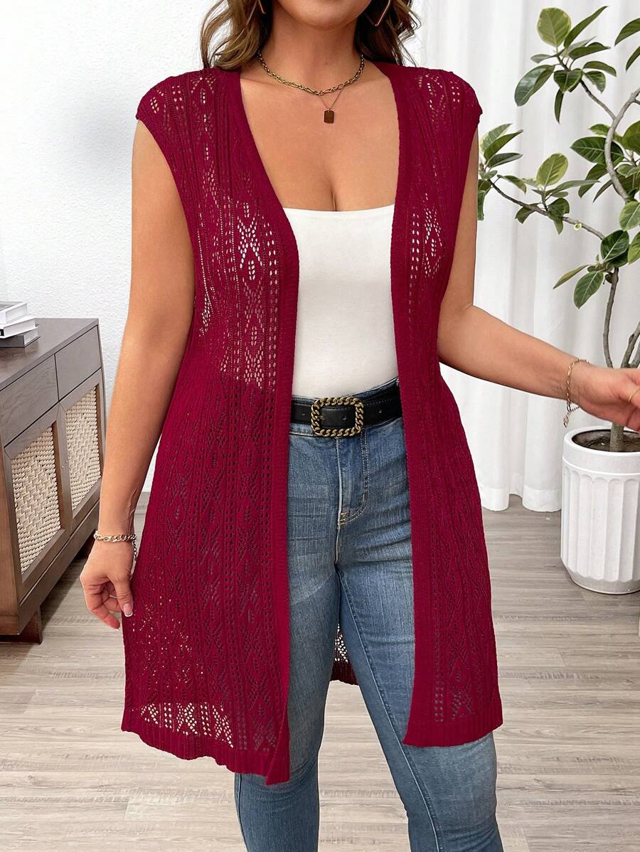 SHEIN Franclia Plus Size Nữ Đơn Giản Màu Trơn Không Tay Rỗng Áo Cardigan - Màu Đỏ Sâu - Xem 1