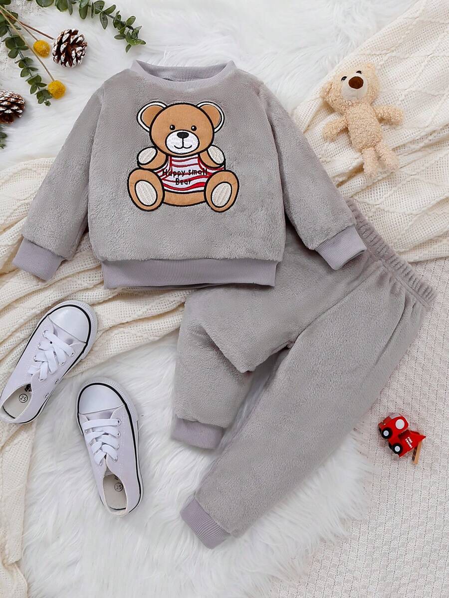 Cute Round Neck Baby Boys' Plush Clothing Set - Grey - View 1