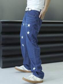 Manfinity Roughcore Men's Casual Multi-Pockets Five-Pointed Star Allover Print Simple Denim Jeans - Blue - View 7