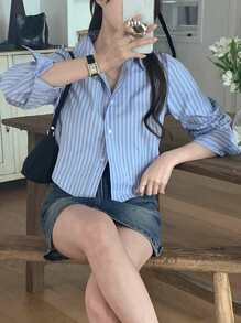 DAZY Women's Fitted Short Striped Long Sleeve Shirt, Blue, Spring/Autumn,Fall Women Clothes Crop Women Tops - Blue - View 6