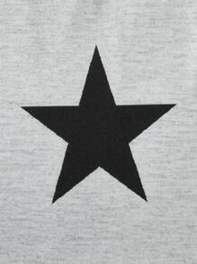 SHEIN Conjunto de pijama cómodo y casual de 2 piezas para niña preadolescente con camiseta de manga raglán con patrón de estrellas y mangas de color bloqueado y pantalones cortos de cuadros simples, retardante de llama