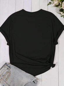 SHEIN LUNE 大码图案和口号印花圆领夏季短袖 T 恤图案 T 恤女式上衣 - 灰色 - 查看 2