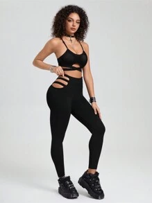 Easithlete Women's Solid Color Cross Strap Camisole Top And Long Pants Summer Sports Suit