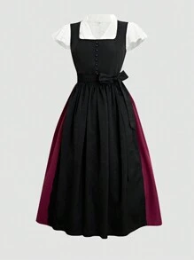 Fairmaia Women's Traditional German Color Block Patchwork Dress With Openwork Embroidery Top Set With Apron, 3pcs Dirndl Sets, For Oktoberfest - Black - View 1